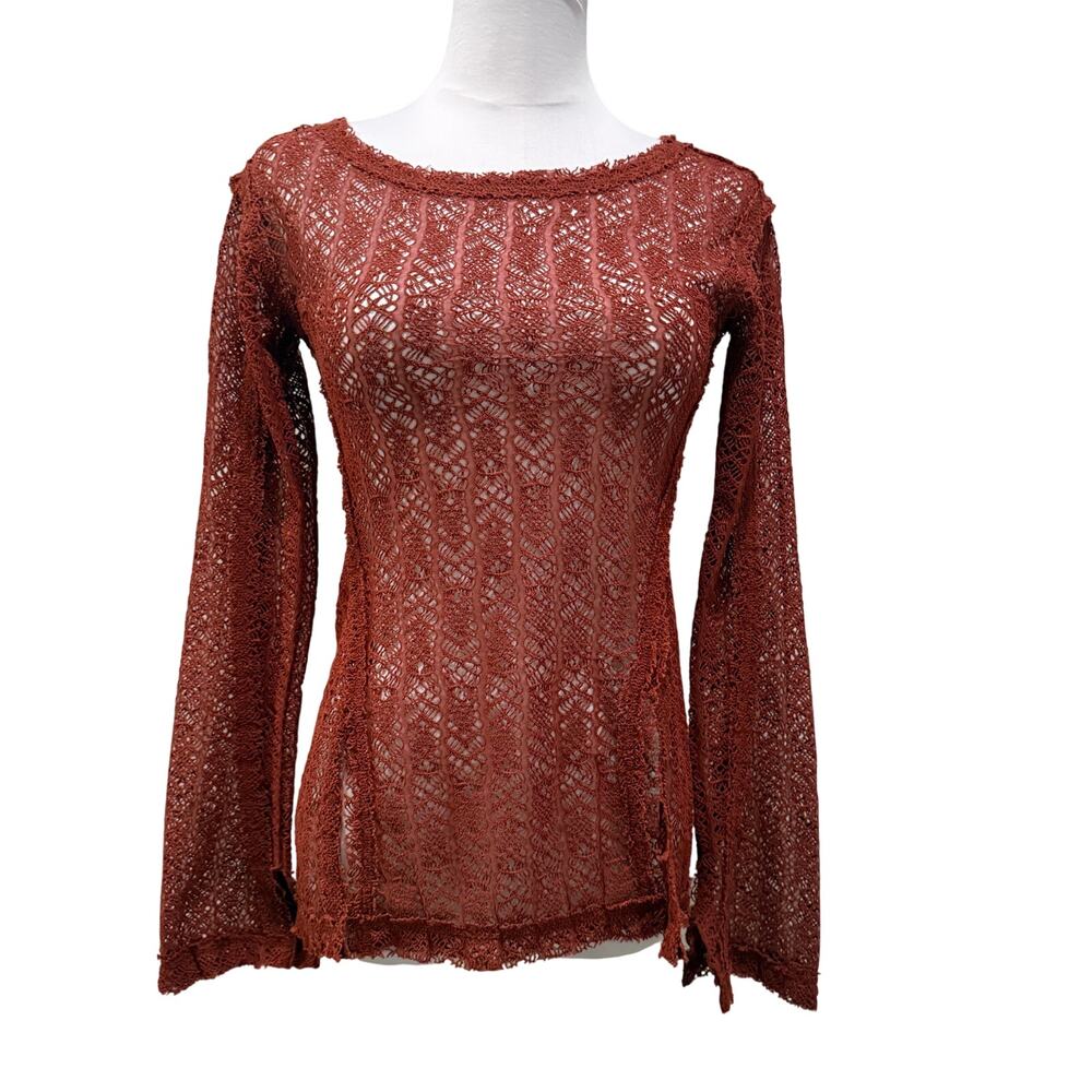Free People Rust Orange Crochet Lace Sheer Long Sleeve Top Small Boho Festival
